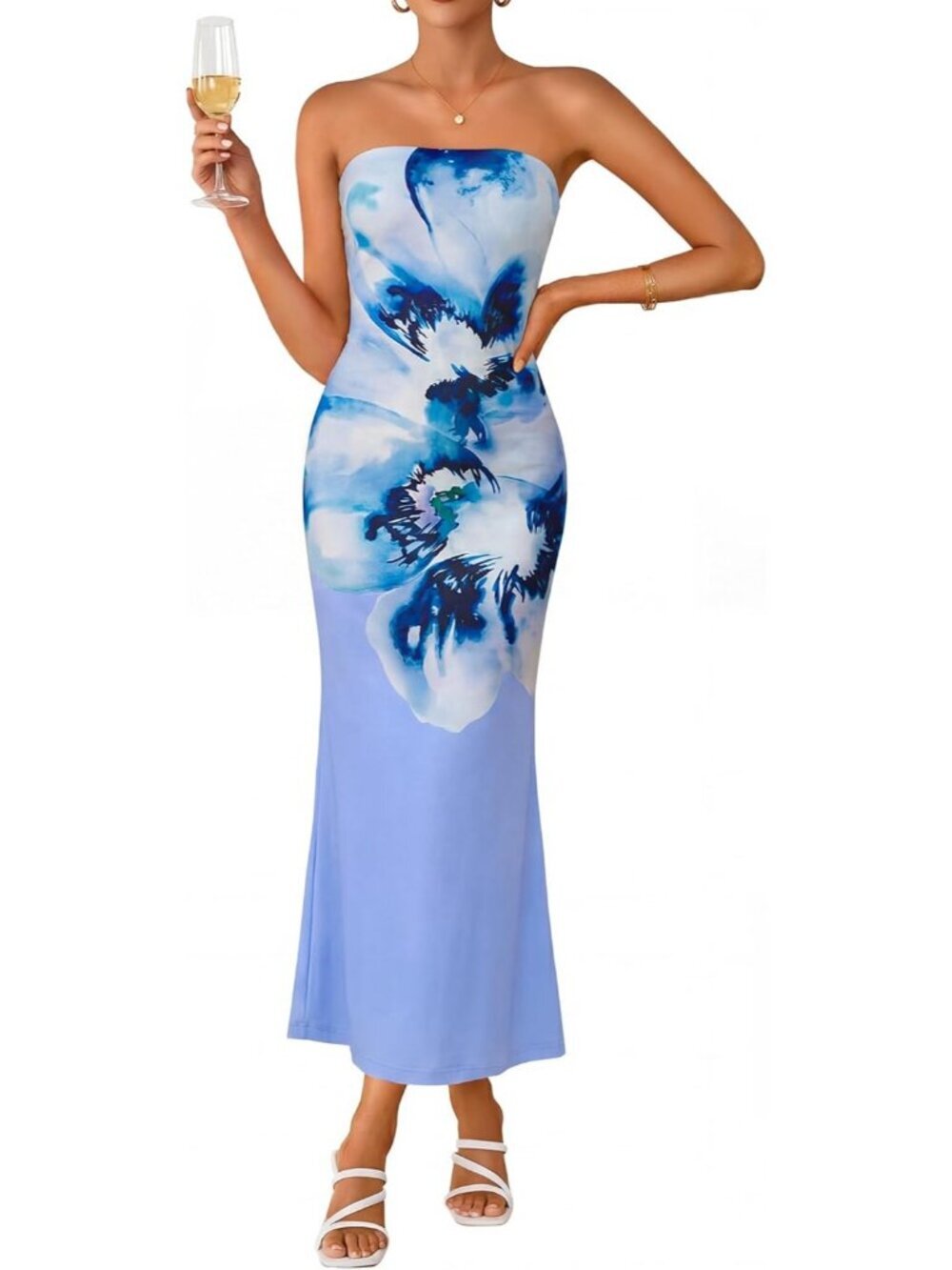 Women's Blue Summer Formal Off Shoulder Strapless Floral Bodycon Maxi Dress